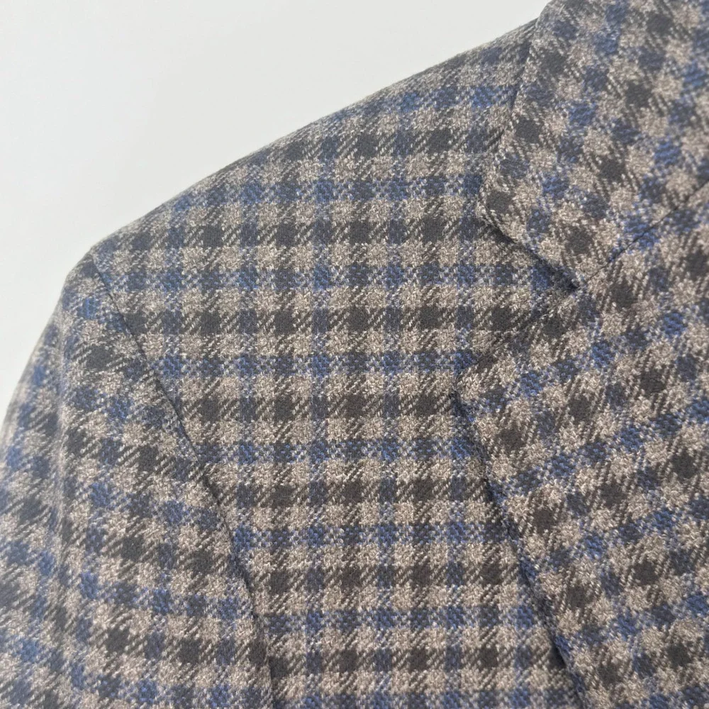 Peter Millar Mens Medium Blazer Brown Blue Plaid 100 Wool Classic Fit Two Button